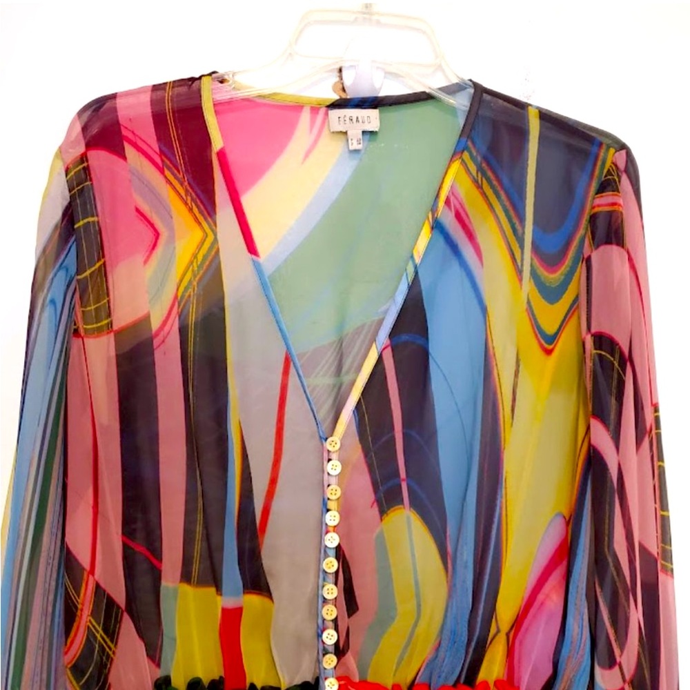 Vintage Louis Feraud sheer retro multicolor button down blouse size 8 - Picture 3 of 12